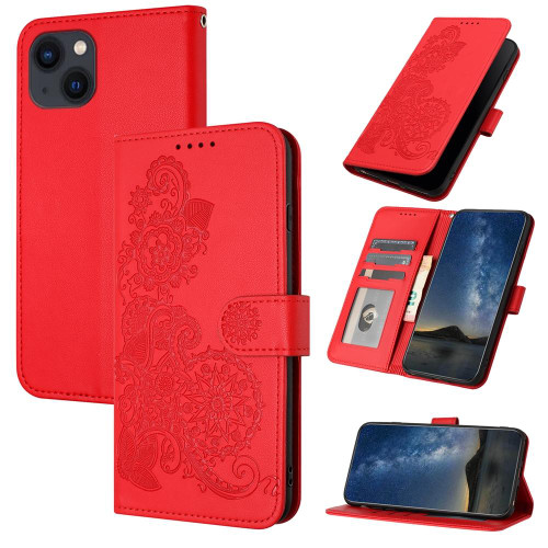 For iPhone 13 mini Datura Flower Embossed Flip Leather Phone Case(Red)