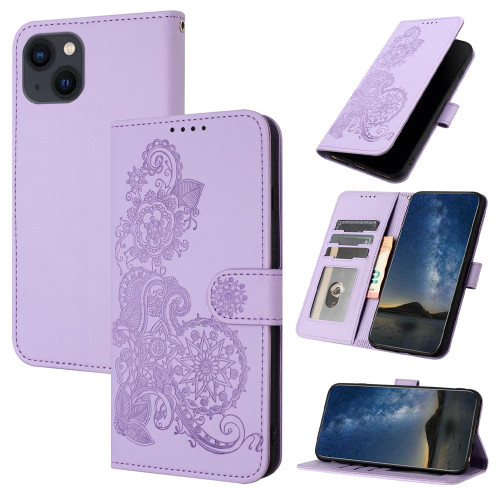 For iPhone 15 Datura Flower Embossed Flip Leather Phone Case(Purple)