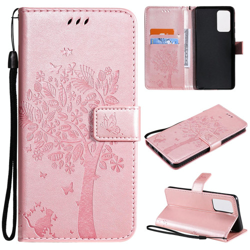 For Samsung Galaxy A52 5G Tree & Cat Pattern Pressed Printing Horizontal Flip PU Leather Case with Holder & Card Slots & Wallet & Lanyard(Rose gold)