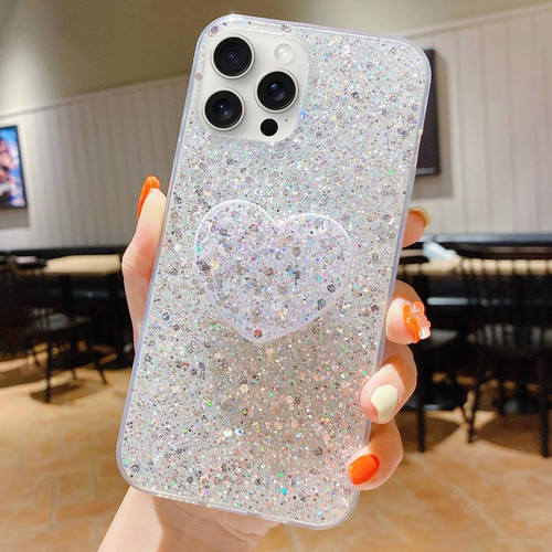 For iPhone 15 Pro Max Starry Sequin Heart Stand Epoxy TPU Phone Case(Silver)