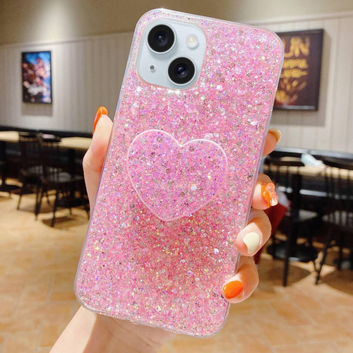 For iPhone 13 Starry Sequin Heart Stand Epoxy TPU Phone Case(Pink)