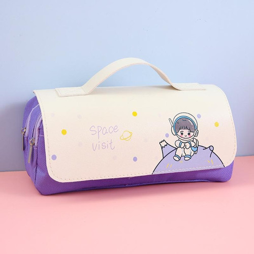 2 PCS Cartoon Multifunctional Large-Capacity Pencil Case Student Cute Portable Stationery Box(Purple)