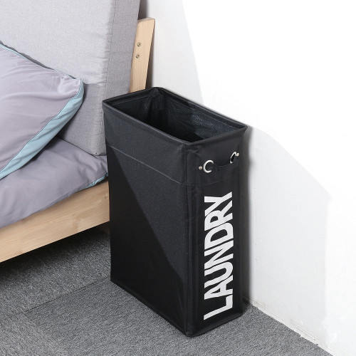 Drawstring Style Laundry Hamper PU Bottom Oxford Cloth Dirty Clothes Storage Bag Small Foldable Laundry Basket(Black)