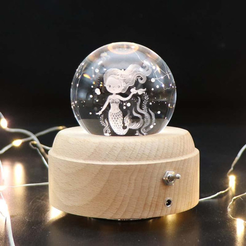Girl Bedside Lamp Crystal Ball Wooden Base Music Box Charging Glow Rotating Night Light, Random Music(Mermaid)