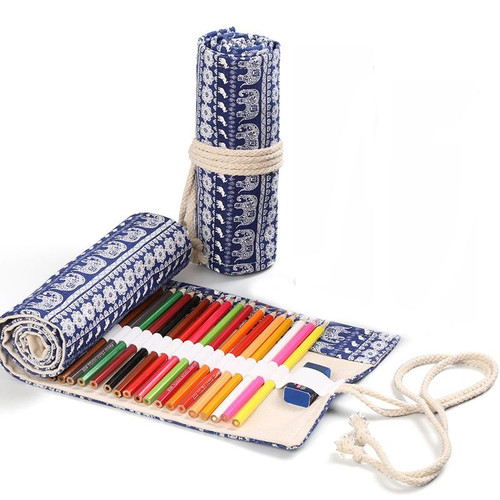72 Holes Handmade Canvas Pen Curtain Large-Capacity Pencil Case For Boys And Girls Color Pencil Sketch Stationery Box(Elephant)