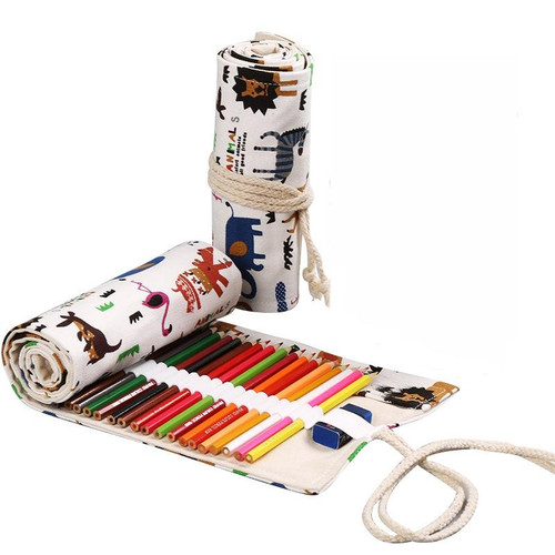 72 Holes Handmade Canvas Pen Curtain Large-Capacity Pencil Case For Boys And Girls Color Pencil Sketch Stationery Box(Zoo)