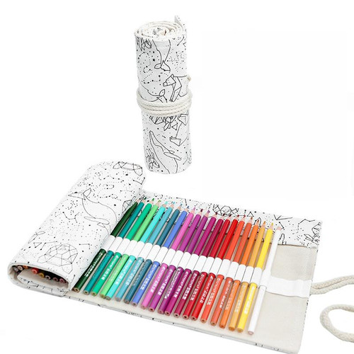 2 PCS 48 Holes Handmade Canvas Pen Curtain Large-Capacity Pencil Case For Boys And Girls Color Pencil Sketch Stationery Box(White Constellation)