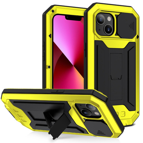 For iPhone 13 R-JUST Sliding Camera Shockproof Life Waterproof Dust-proof Metal + Silicone Protective Case with Holder(Yellow)