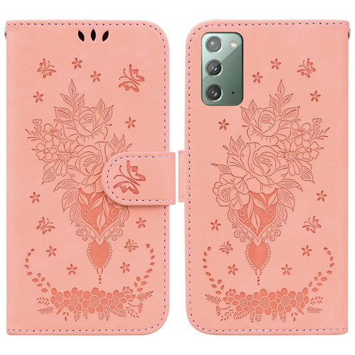 For Samsung Galaxy Note20 Butterfly Rose Embossed Leather Phone Case(Pink)
