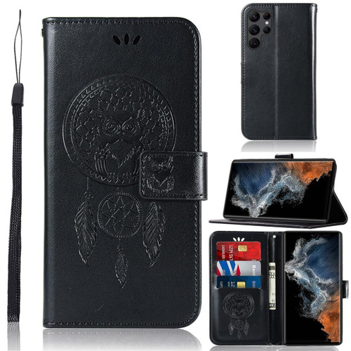 For Samsung Galaxy S23 Ultra 5G Global Wind Chime Owl Embossing Pattern Leather Phone Case(Black)