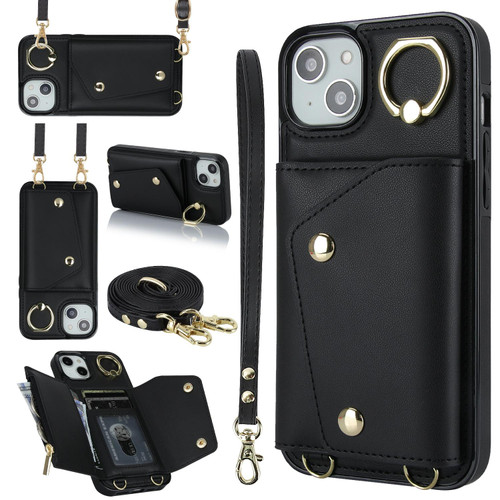 For iPhone 13 Zipper Card Bag Phone Case with Dual Lanyard(Black)