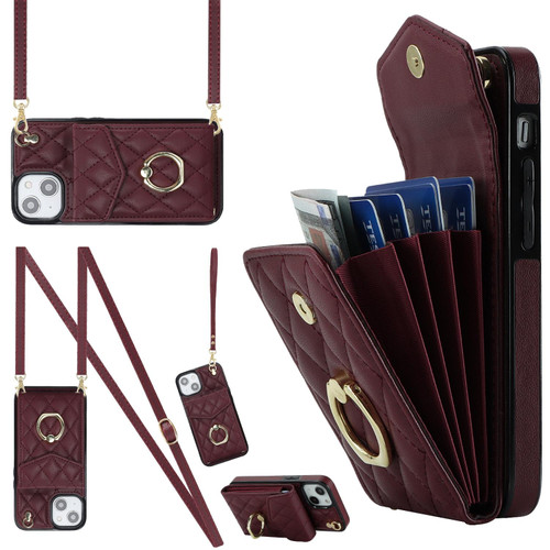 For iPhone 13 Rhombic Texture Card Bag Phone Case with Long Lanyard(Wine Red)