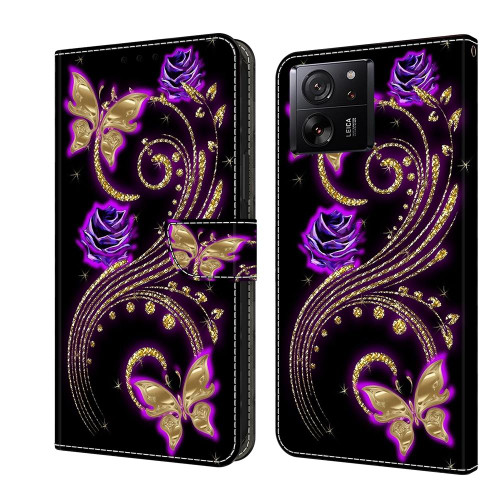 For Xiaomi 13T Pro Crystal 3D Shockproof Protective Leather Phone Case(Purple Flower Butterfly)