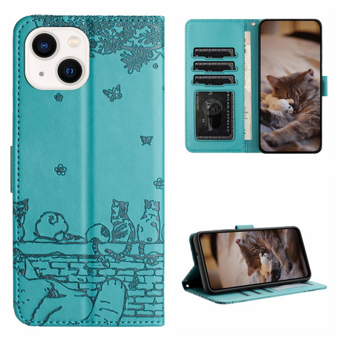 For iPhone 15 Cat Embossing Pattern Leather Phone Case with Lanyard(Blue)