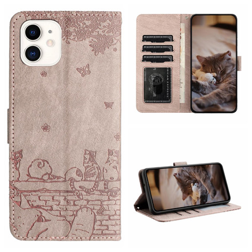 For iPhone 12 mini Cat Embossing Pattern Leather Phone Case with Lanyard(Grey)