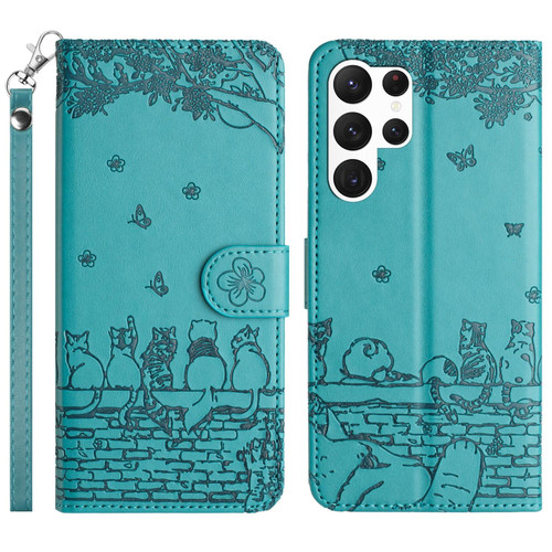 For Samsung Galaxy S24 Ultra Cat Embossing Pattern Leather Phone Case with Lanyard(Blue)