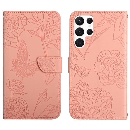 For Samsung Galaxy S24 Ultra 5G Skin Feel Butterfly Embossed Flip Leather Phone Case(Pink)