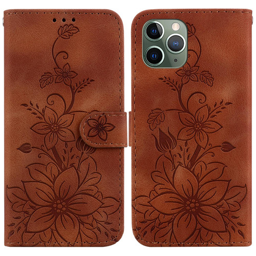 For iPhone 11 Pro Max Lily Embossed Leather Phone Case(Brown)