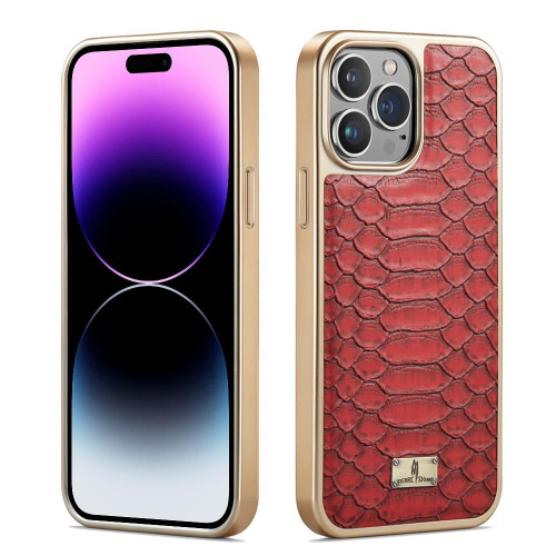 For iPhone 14 Pro Fierre Shann Python Texture Electroplating PU Phone Case(Red)