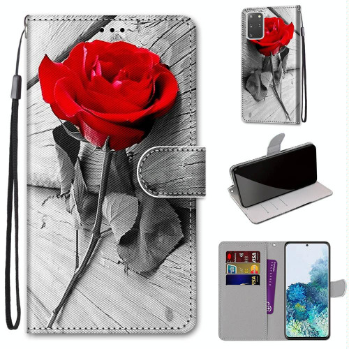 For Samsung Galaxy S20+ Coloured Drawing Cross Texture Horizontal Flip PU Leather Case with Holder & Card Slots & Wallet & Lanyard(Red Rose On Wooden)