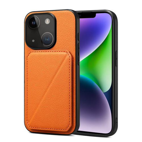 For iPhone 15 Imitation Calfskin Leather Back Phone Case with Holder(Orange)