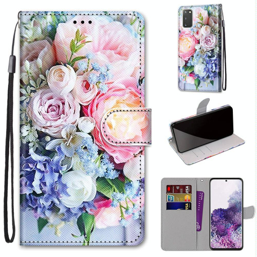 For Samsung Galaxy S20 Coloured Drawing Cross Texture Horizontal Flip PU Leather Case with Holder & Card Slots & Wallet & Lanyard(Light Pink Bouquet)