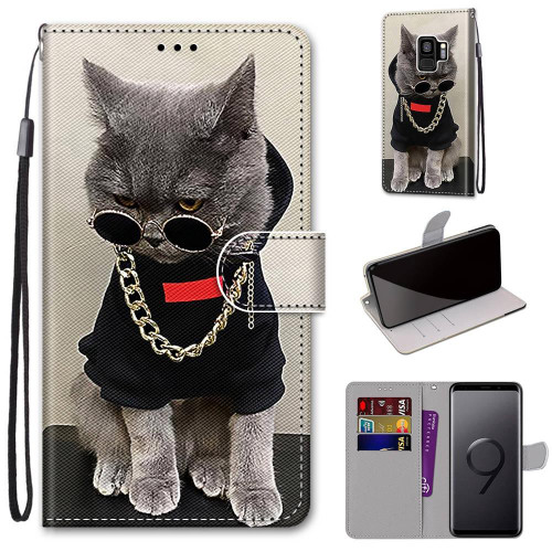 For Samsung Galaxy S9+ Coloured Drawing Cross Texture Horizontal Flip PU Leather Case with Holder & Card Slots & Wallet & Lanyard(Golden Chain Grey Cat)