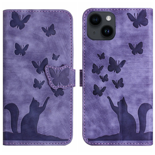 For iPhone 15 Plus Butterfly Cat Embossing Flip Leather Phone Case(Purple)