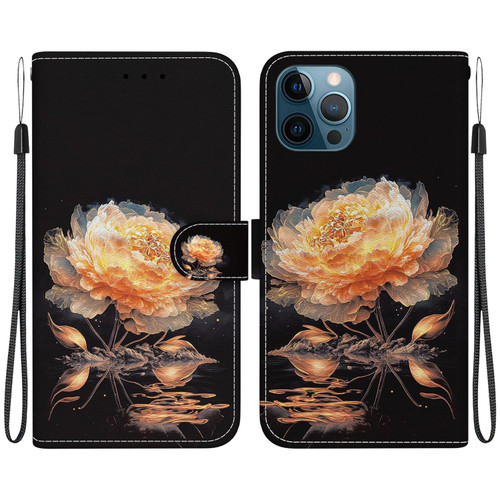 For iPhone 12 / 12 Pro Crystal Texture Colored Drawing Leather Phone Case(Gold Peony)