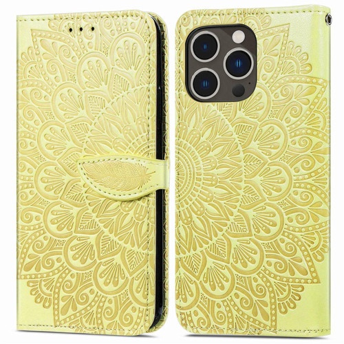 For iPhone 14 Pro Blooming Mandala Embossed Wings Buckle Leather Phone Case(Yellow)