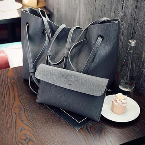 2 in 1 Soft Leather Women Bag Set Luxury Fashion Design Shoulder Bags Big Casual Bags Handbag(Dark Grey)