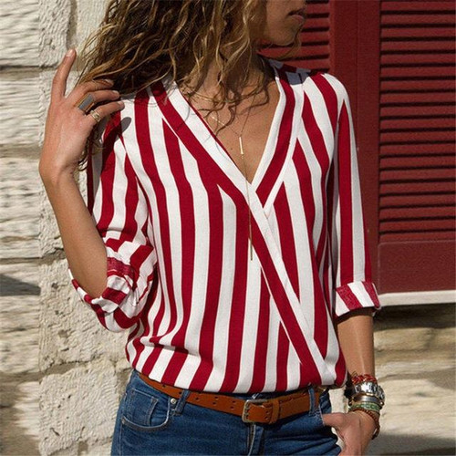 Women Striped Shirt Long Sleeve V-neck Shirts Casual Tops Blouse, Size:M(Red)