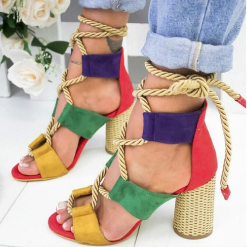 Women Shoes Openwork Color Block Hemp Lace Up High Heels, Size:35(Green)