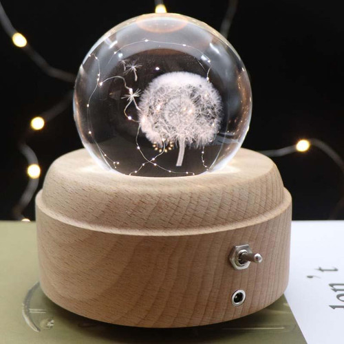 Girl Bedside Lamp Crystal Ball Wooden Base Music Box Charging Glow Rotating Night Light, Random Music(Dandelion)