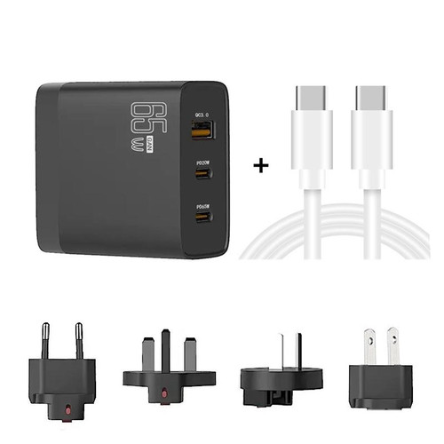 GAN 65W PD45W Dual Type-C / QC3.0 USB  Multi Compatible Charger + 2m USB-C to USB-C Data Cable EU + UK + AU +US Plug Black