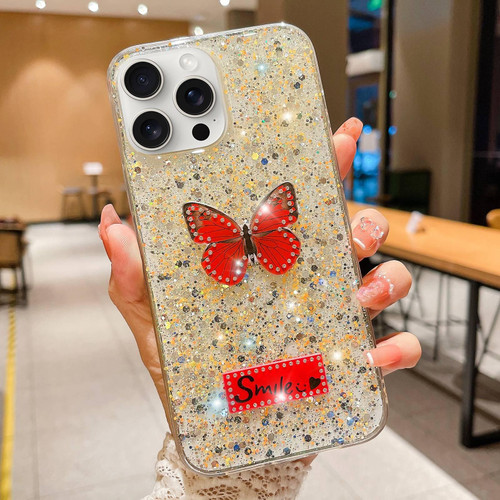 For iPhone 12 Pro Max Starry Sequin Rhinestones Butterfly Epoxy TPU Phone Case(Yellow)