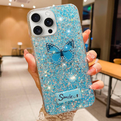 For iPhone 14 Pro Max Starry Sequin Rhinestones Butterfly Epoxy TPU Phone Case(Blue)