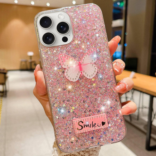 For iPhone 15 Pro Max Starry Sequin Rhinestones Butterfly Epoxy TPU Phone Case(Pink)