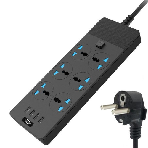 TB-T12 3000W 2m 4-USB Ports + 6-Jacks Multifunctional Flame-Retardant Socket With Switch(EU Plug)