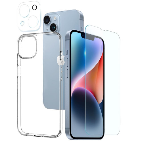 For iPhone 14 NORTHJO 3 in 1 TPU Phone Case with Screen Film and Lens Film(Clear)