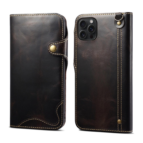 For iPhone 15 Pro Max Denior Oil Wax Cowhide Magnetic Button Genuine Leather Case(Black)