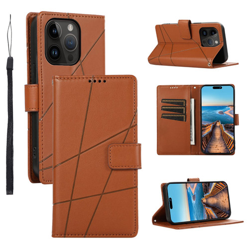 For iPhone 14 Pro Max PU Genuine Leather Texture Embossed Line Phone Case(Brown)