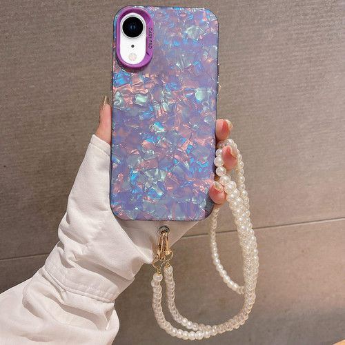 For iPhone XR Shell Texture Crossbody Pearl Chain TPU Hybrid Acrylic Phone Case(Purple)