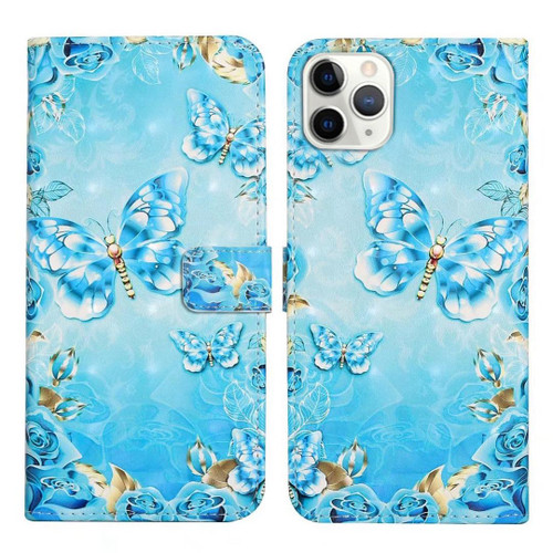 For iPhone 11 Pro Max Oil Embossed 3D Drawing Leather Phone Case(Blue Butterflies)