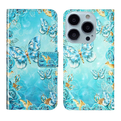 For iPhone 13 Pro Max Oil Embossed 3D Drawing Leather Phone Case(Blue Butterflies)