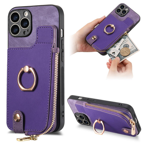 For iPhone 12 Pro Cross Leather Ring Vertical Zipper Wallet Back Phone Case(Purple)