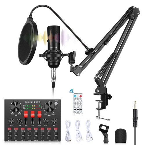 PULUZ Sound Card Live Broadcast Bluetooth Sound Mixer Studio Microphone Kits with Suspension Scissor Arm & Metal Shock Mount, Chinese Version(Black)