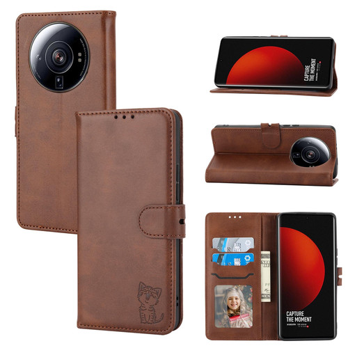 For Xiaomi 13 Ultra Embossed Happy Cat Pattern Flip Leather Phone Case(Brown)