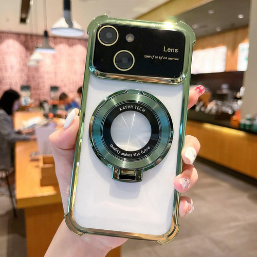 For iPhone 14 Plus MagSafe Holder Shockproof TPU Phone Case with Lens Film(Green)