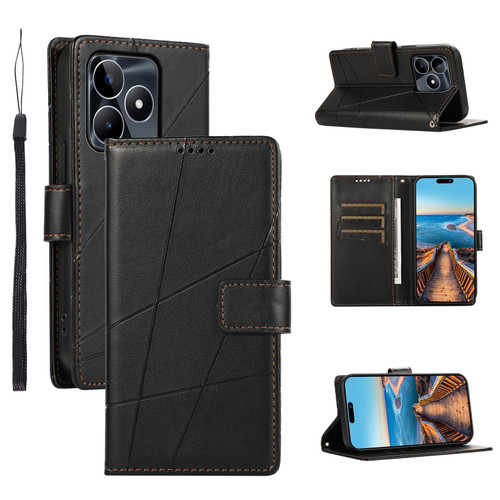 For Realme C53 PU Genuine Leather Texture Embossed Line Phone Case(Black)